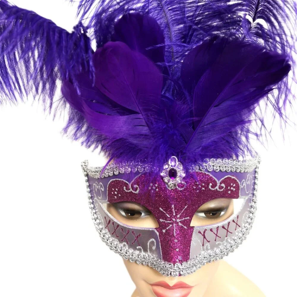 Mardi Gras Style Purple Silver Mask with Purple Ostrich Feathers EUC
